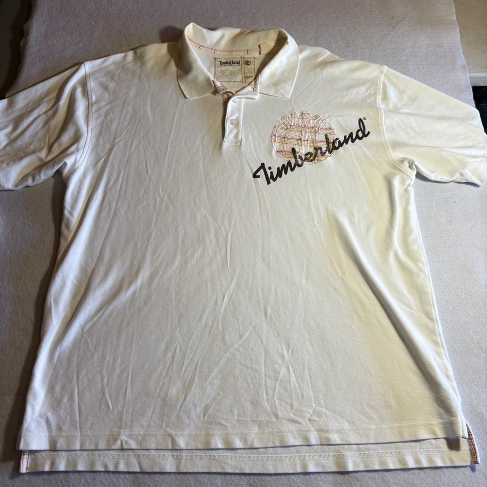 Vintage y2K Timberland Polo‎ Shirt Mens XXL Organic Cotton Logo Plaid Trim